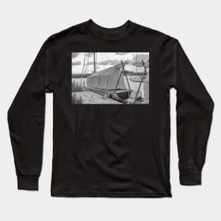 Traditional wooden sailing boat moored on the River Thurne, Norfolk Long Sleeve T-Shirt